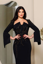 Black Square Neck Cape Sleeve Sequins Sparkle Mermaid Evening Dress