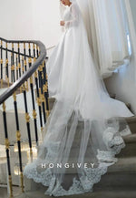 Long Sleeves Scoop A-Line Court Train Satin Wedding Dresses with Beading