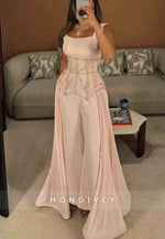 Jumpsuit Light Pink Sleeveless Regular Straps Evening Gowns with Beading