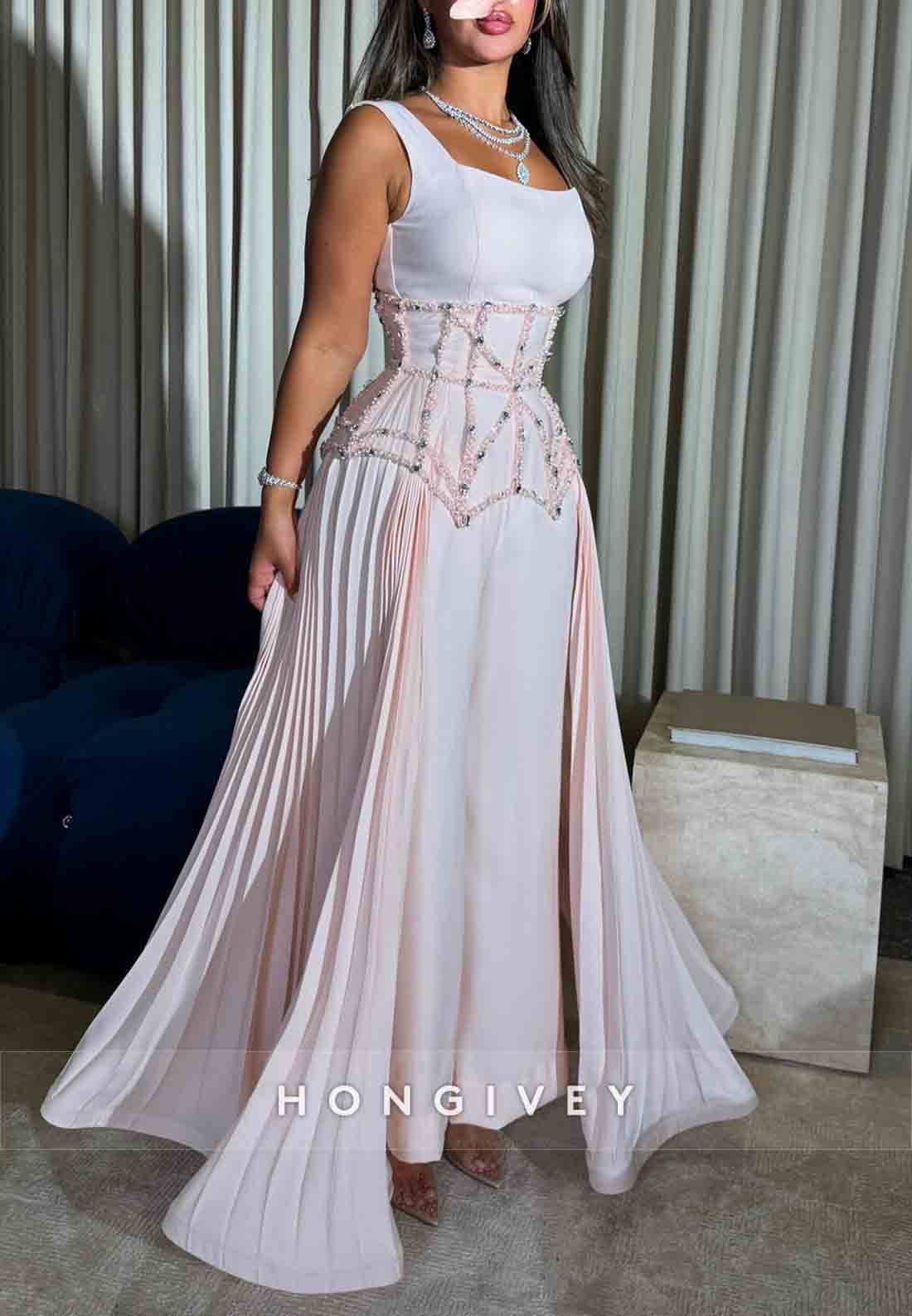 Jumpsuit Light Pink Sleeveless Regular Straps Evening Gowns with Beading