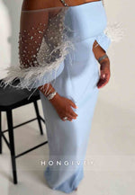 Sky Blue Spaghetti Straps Sheath Floor-Length Evening Gowns with Feather