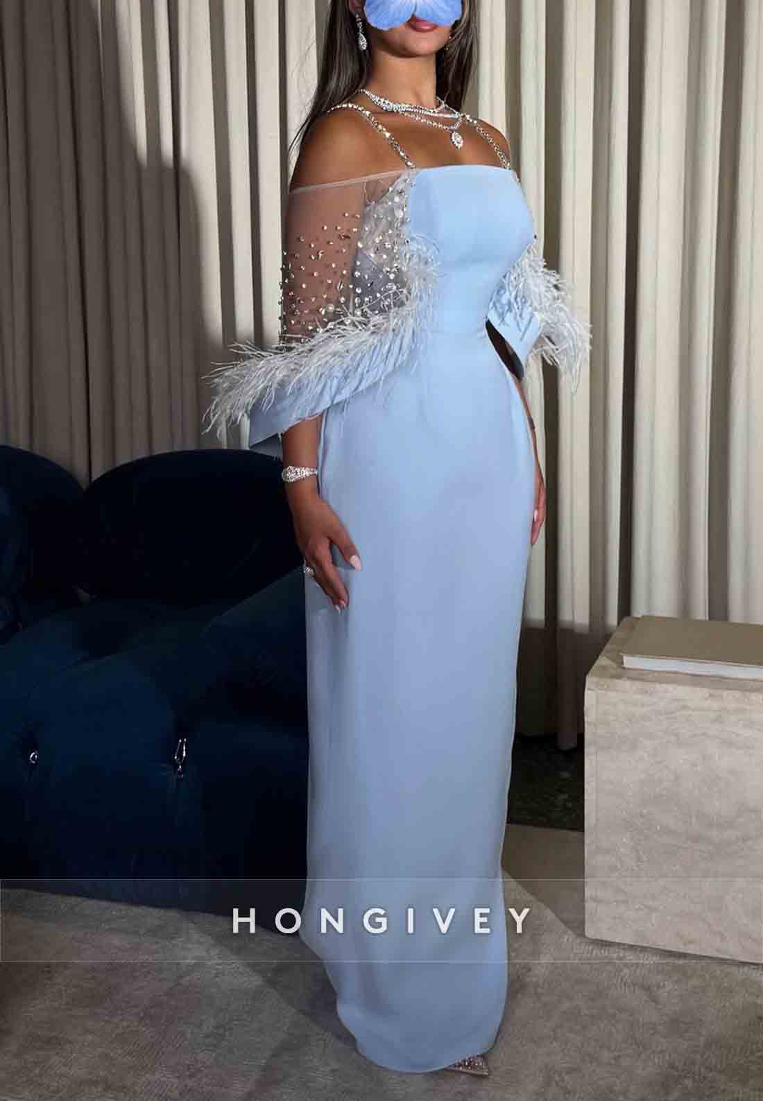 Sky Blue Spaghetti Straps Sheath Floor-Length Evening Gowns with Feather