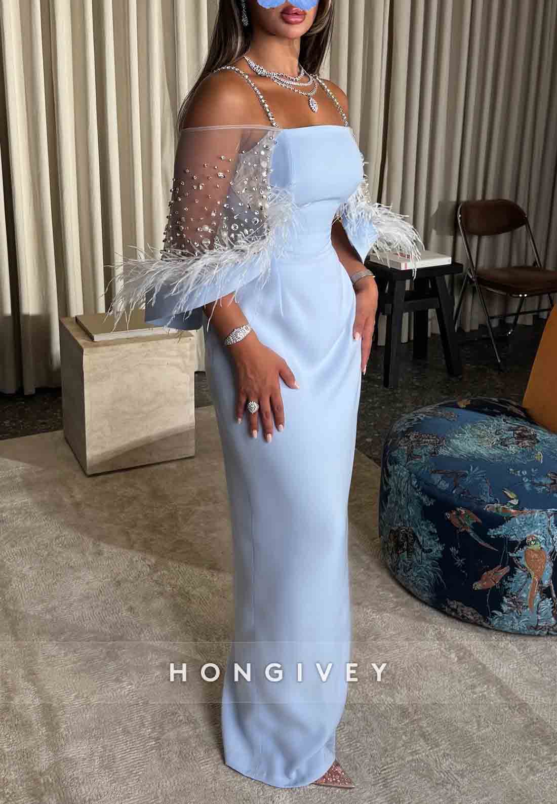 Sky Blue Spaghetti Straps Sheath Floor-Length Evening Gowns with Feather