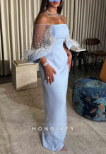 Sky Blue Spaghetti Straps Sheath Floor-Length Evening Gowns with Feather