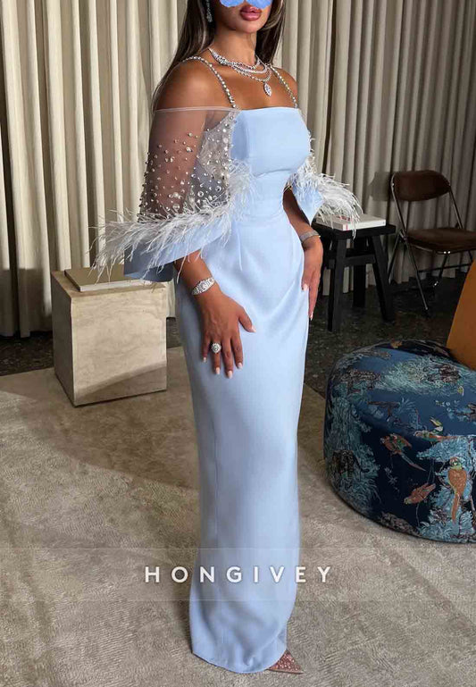Sky Blue Spaghetti Straps Sheath Floor-Length Evening Gowns with Feather