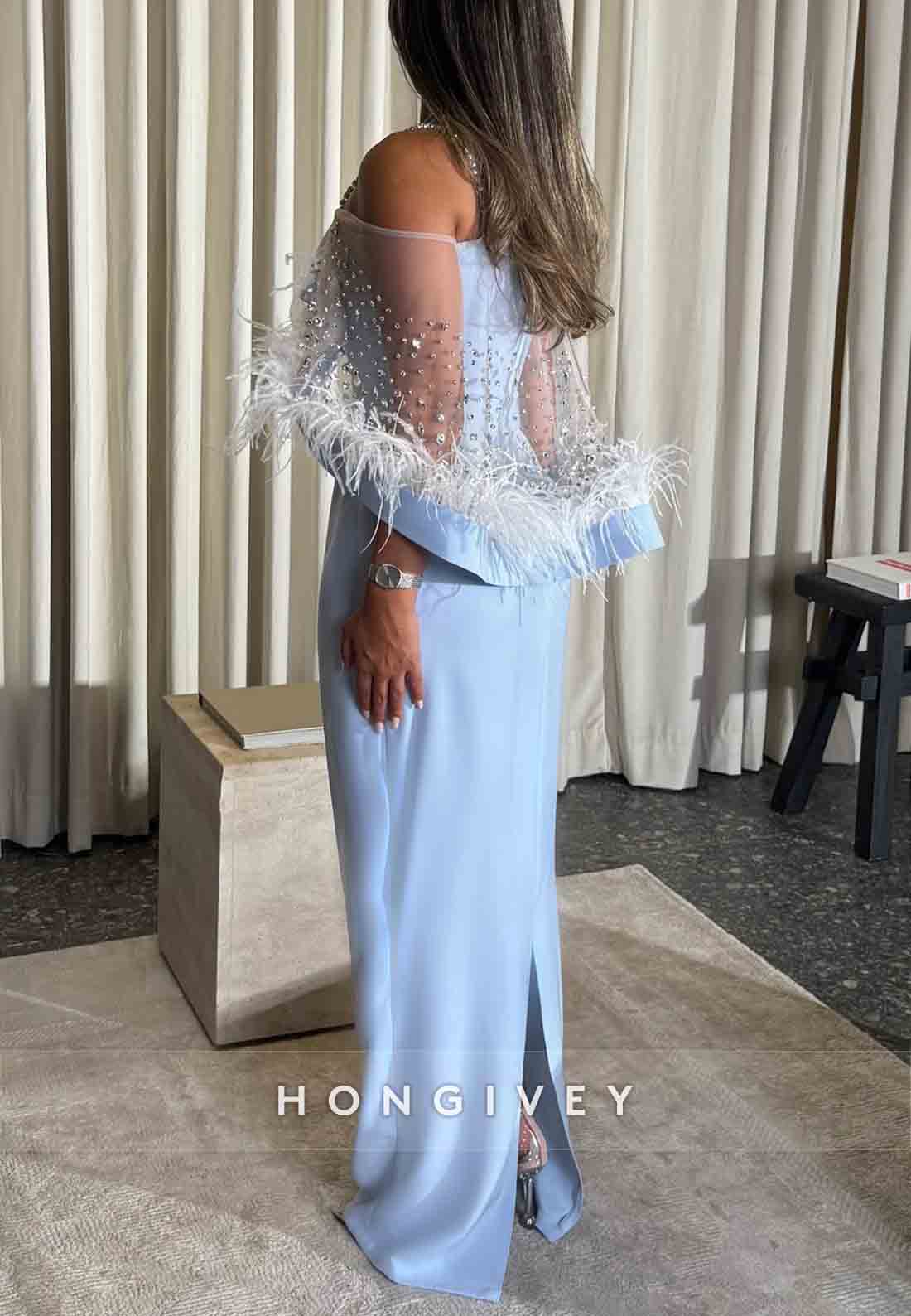 Sky Blue Spaghetti Straps Sheath Floor-Length Evening Gowns with Feather