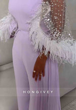 Detachable Lilac Jumpsuit Long Sleeves Evening Gowns with Rhinestone and Feather