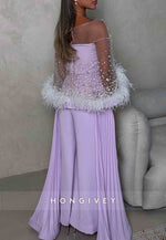 Detachable Lilac Jumpsuit Long Sleeves Evening Gowns with Rhinestone and Feather
