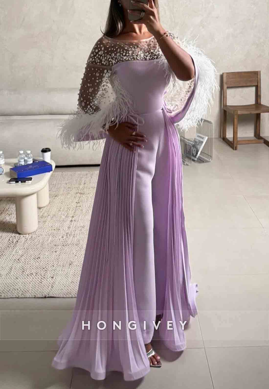 Detachable Lilac Jumpsuit Long Sleeves Evening Gowns with Rhinestone and Feather