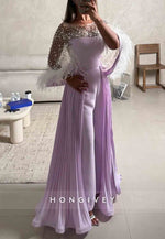 Detachable Lilac Jumpsuit Long Sleeves Evening Gowns with Rhinestone and Feather