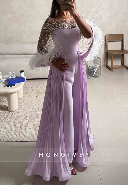 Detachable Lilac Jumpsuit Long Sleeves Evening Gowns with Rhinestone and Feather