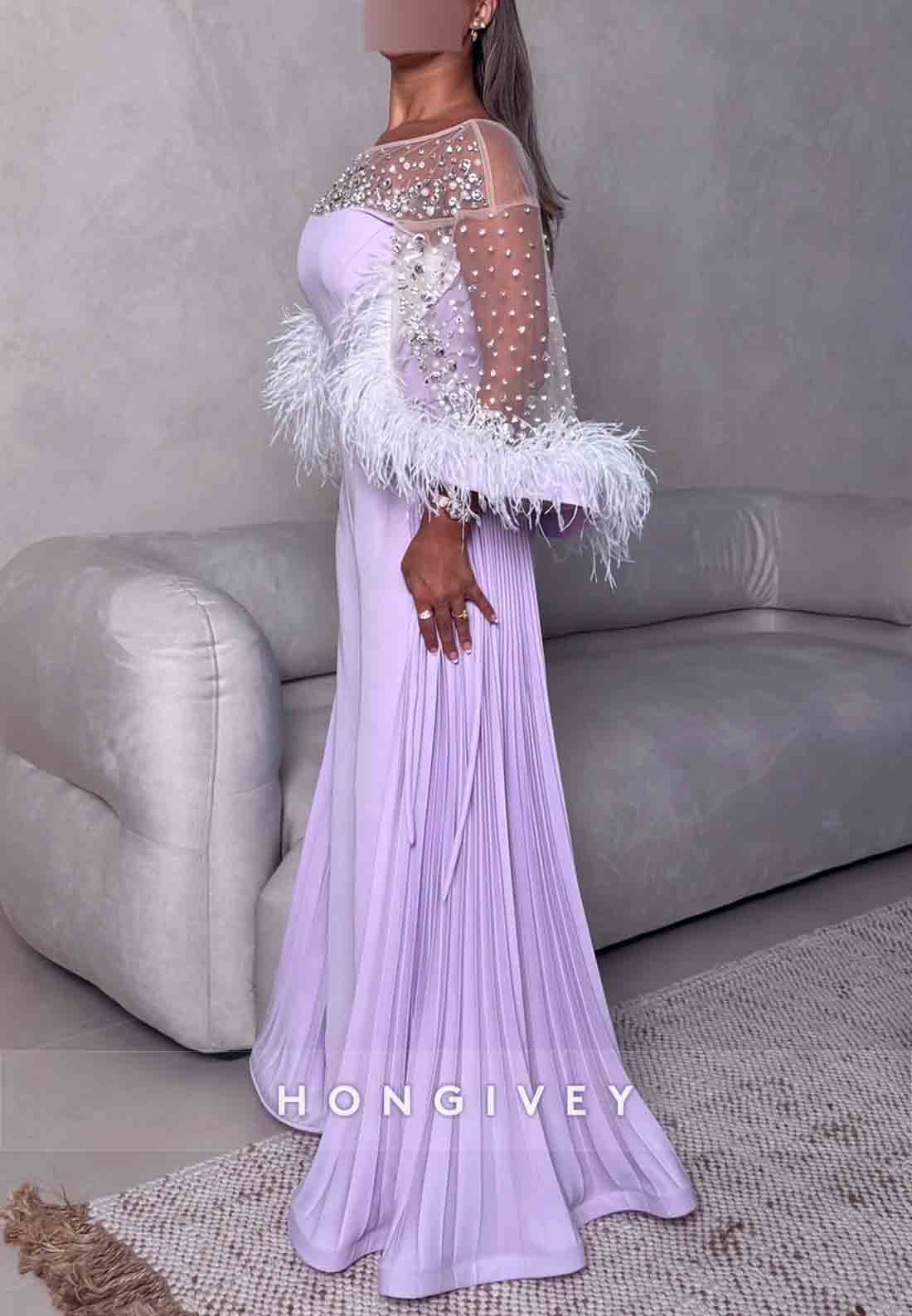 Detachable Lilac Jumpsuit Long Sleeves Evening Gowns with Rhinestone and Feather