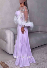Detachable Lilac Jumpsuit Long Sleeves Evening Gowns with Rhinestone and Feather