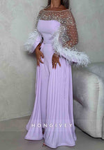 Detachable Lilac Jumpsuit Long Sleeves Evening Gowns with Rhinestone and Feather