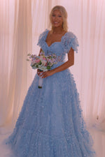 Puff Sleeves Pink 3D Floral A-line Long Prom Dress