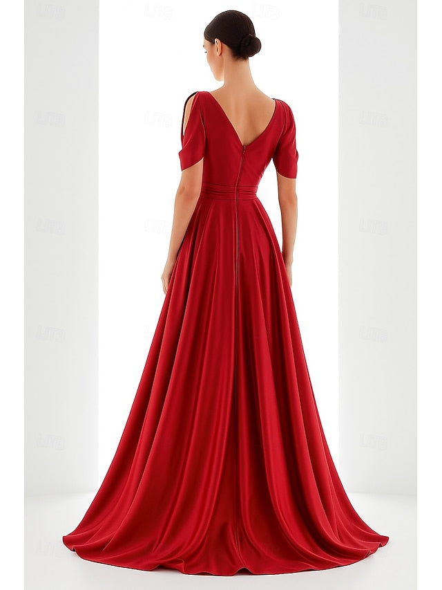 V-Neck Half Sleeve Bow A-Line Evening Dress Mother of the Bride Dress