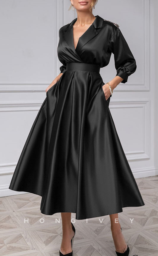 HM322 - Elegant Satin A-Line V-Neck 3/4 Sleeves Beaded Mother of the Bride Dress