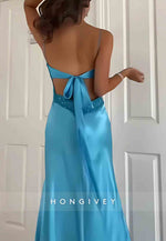 Stylish V-Neck Sheath Spaghetti Straps Blue Long Prom Dress with Backless