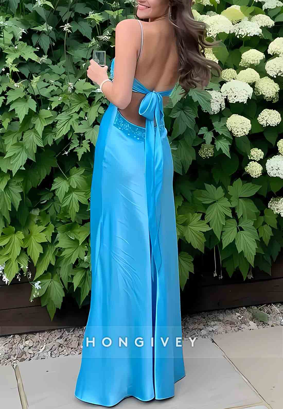 Stylish V-Neck Sheath Spaghetti Straps Blue Long Prom Dress with Backless