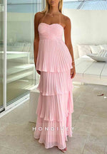 Chic Sweetheart A Line Pink Floor-Length Empire Prom Dress with Ruffles