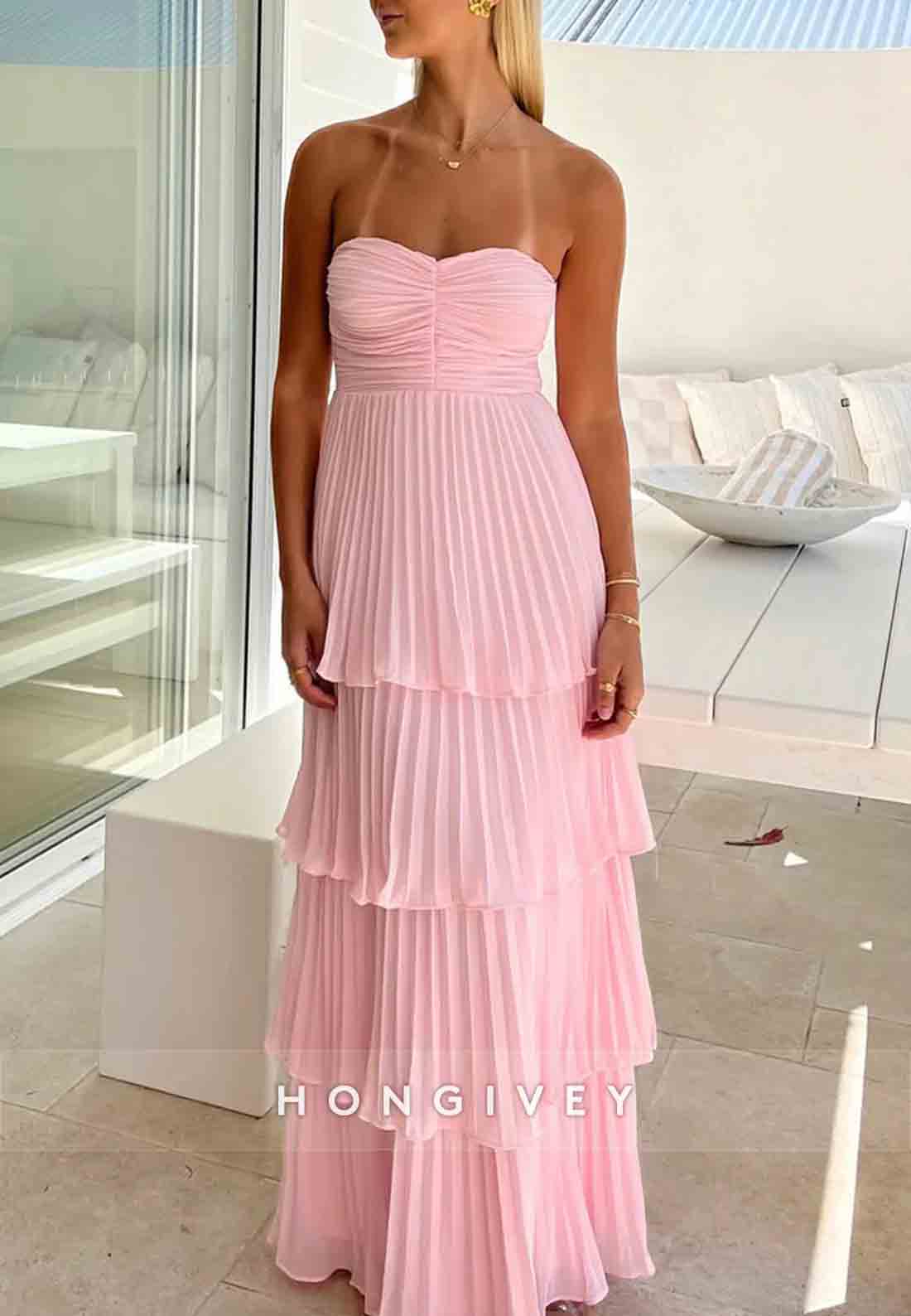 Chic Sweetheart A Line Pink Floor-Length Empire Prom Dress with Ruffles