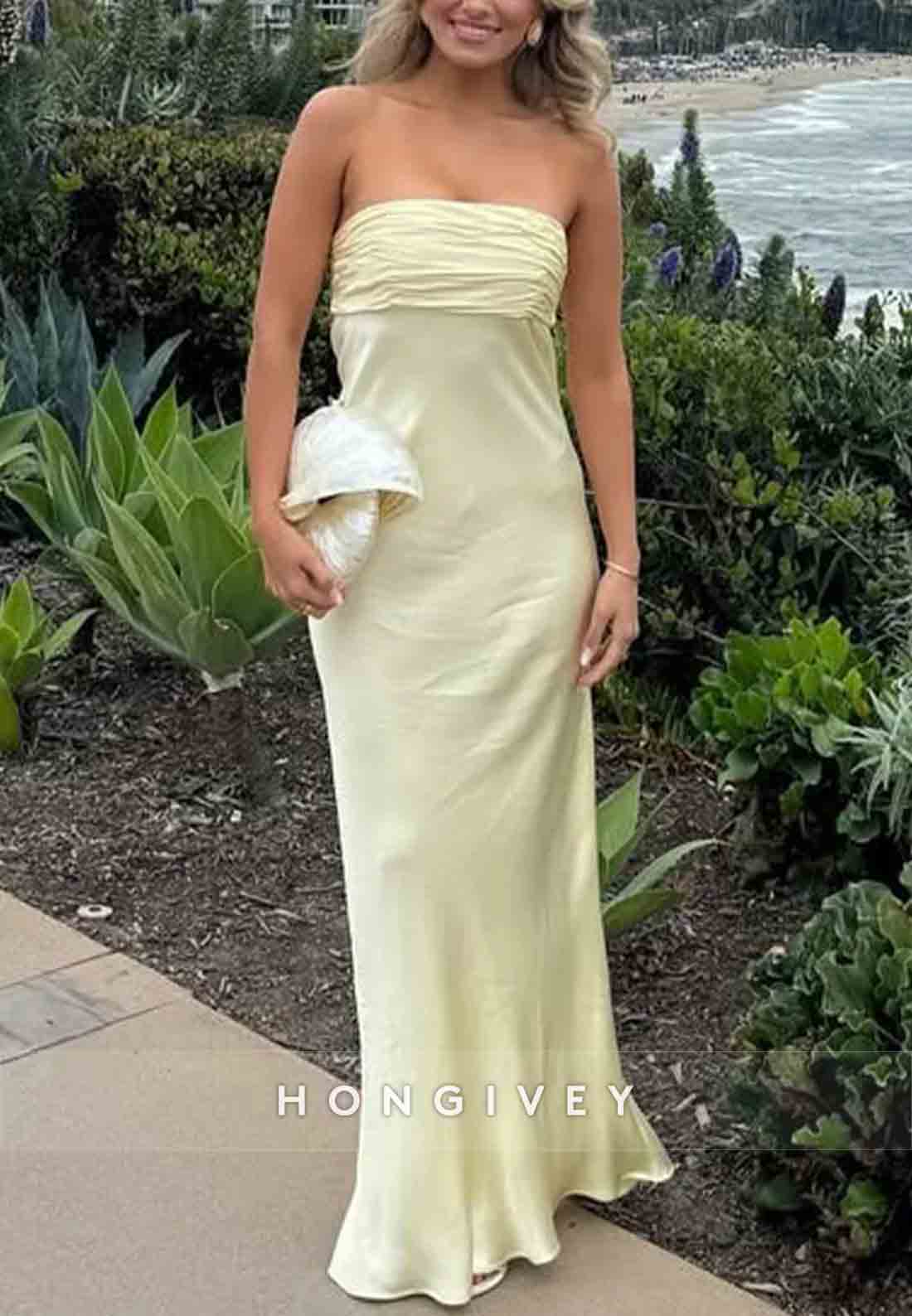 Simple Floor-Length Sheath Strapless Long Prom Dress with Ruched