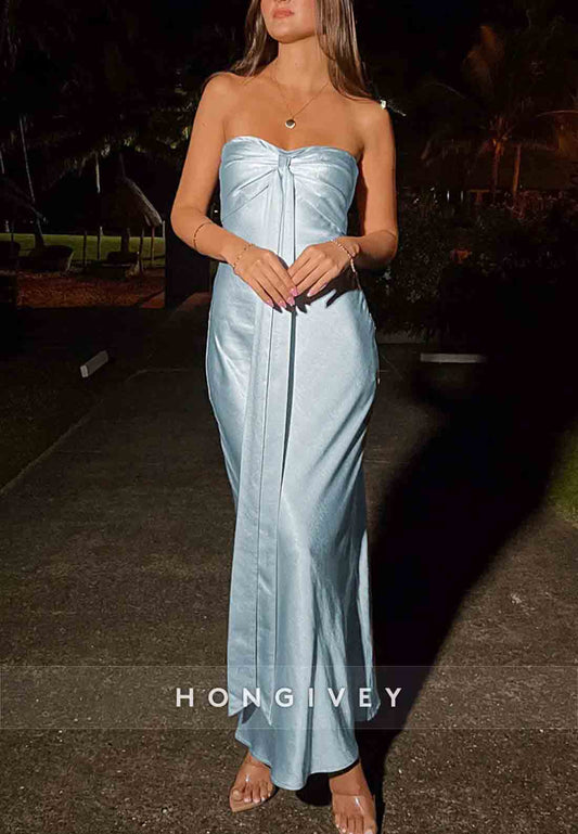 Trendy Sweetheart Sheath Strapless Light Blue Long Party Dress with Bowknot