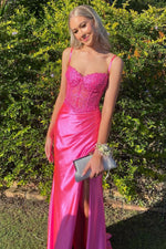 Gorgeous Mermaid Spaghetti Straps Fuchsia Long Prom Dress with Appliques