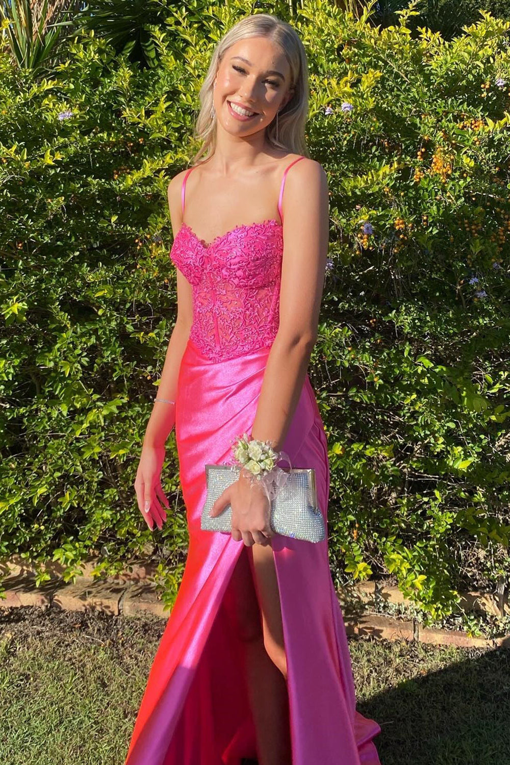Gorgeous Mermaid Spaghetti Straps Fuchsia Long Prom Dress with Appliques
