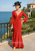 Red Plunging V Neck Feathers Long Sleeves Trumpet Mother of the Bride Dress