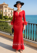 Red Plunging V Neck Feathers Long Sleeves Trumpet Mother of the Bride Dress