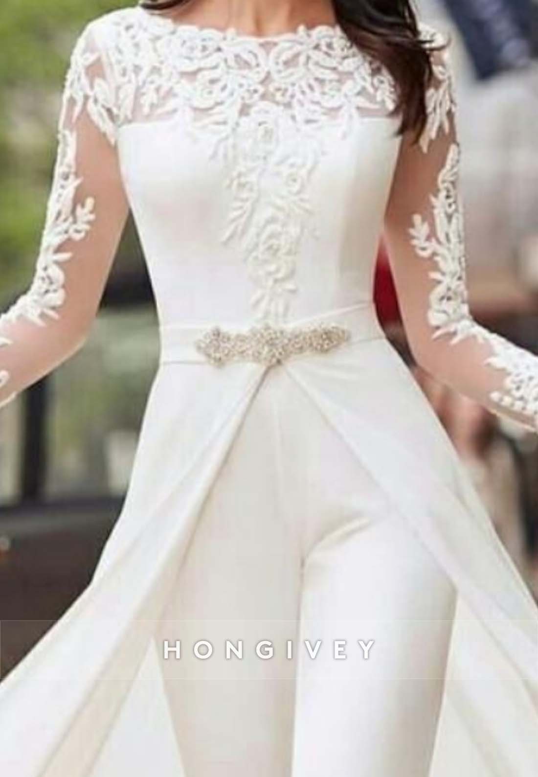 Jumpsuit Detachable Lace Long Sleeve Pleated Wedding Dresses