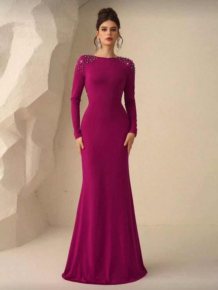 Backless Long Sleeve Beaded Sparkle Mermaid Fomal Evening Dress