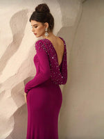 Backless Long Sleeve Beaded Sparkle Mermaid Fomal Evening Dress