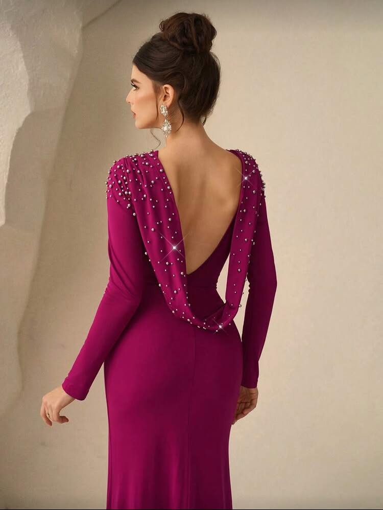 Backless Long Sleeve Beaded Sparkle Mermaid Fomal Evening Dress