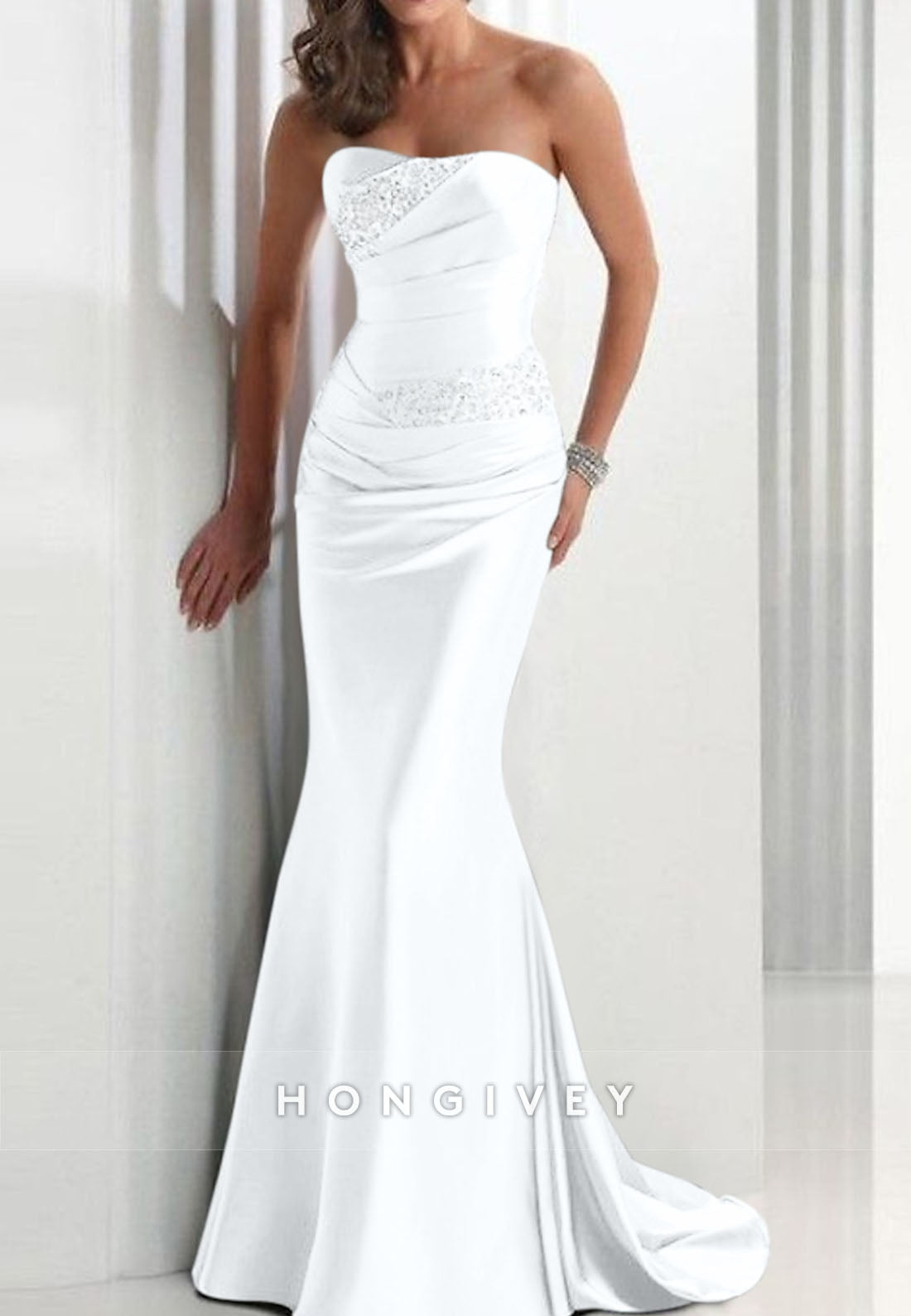 Sweep Train Trumpet Sweetheart Strapless Pleated Appliqued Evening Gowns