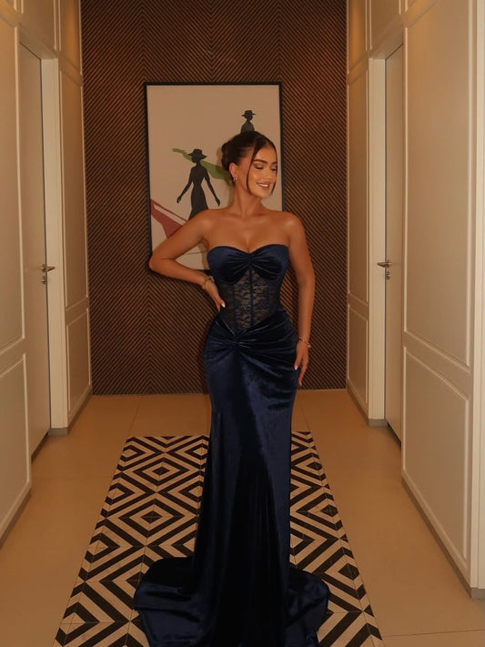 Lace Sheer Sweetheart Sleeveless Mermaid Women Floor-Length Evening Dress