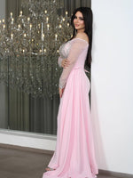 Pink Off the Shoulder Long Sleeveless Beaded Mermaid Side Evening Dress
