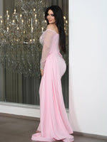 Pink Off the Shoulder Long Sleeveless Beaded Mermaid Side Evening Dress