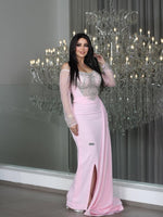 Pink Off the Shoulder Long Sleeveless Beaded Mermaid Side Evening Dress