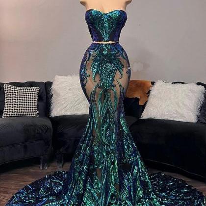 Sexy Glitter Prom Dresses For Black Girl Sequins Applique Two Pieces Birthday Evening Party Cocktail Gowns Robe