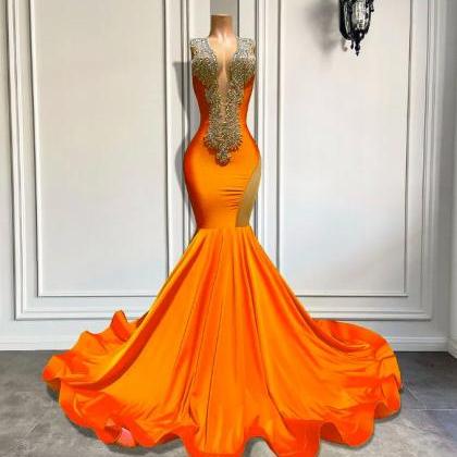 Orange Beading Prom Dresses For Black Girls Fashion Elegant Diamonds Party Dresses Queen Rhinestones Luxury Evening Gown