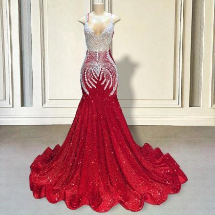 Elegant Red Mermaid Sequin Evening Gown Dress