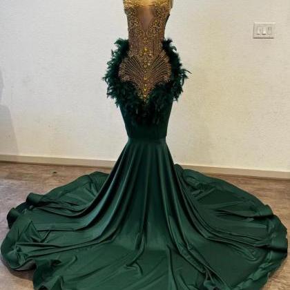 Customized Emerald Green Prom Dresses Long For Women Beaded Feather Mermaid Formal Evening Gowns Crew Neckline Satin Party