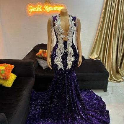 Sparkly Sequin Mermaid Lace Appliques Prom Dresses Long For Women Beaded Diamond Formal Evening Gowns Cusotmized