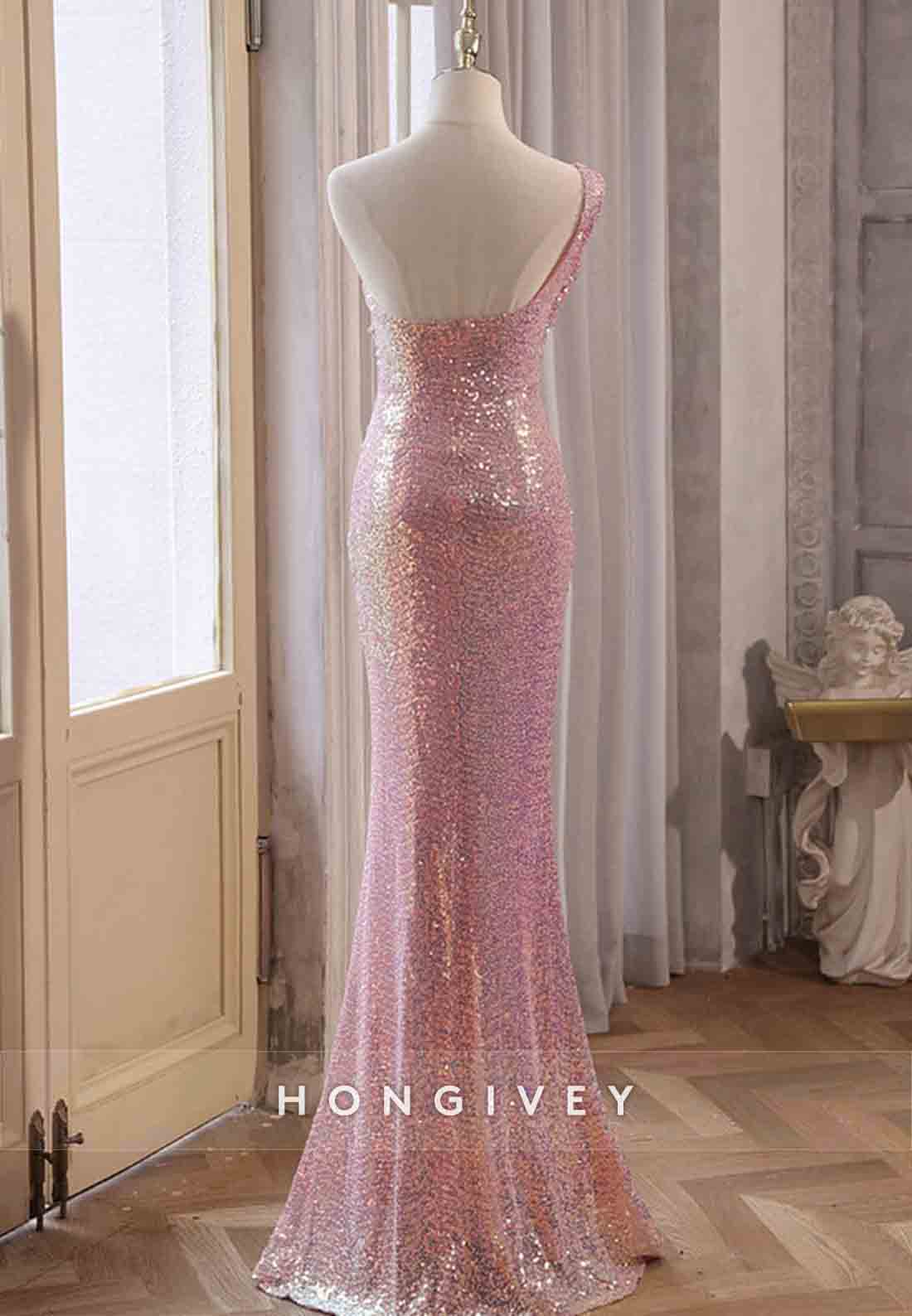 Sparkly Pink One Shoulder Sequined Floor-Length Mermaid Prom Dresses