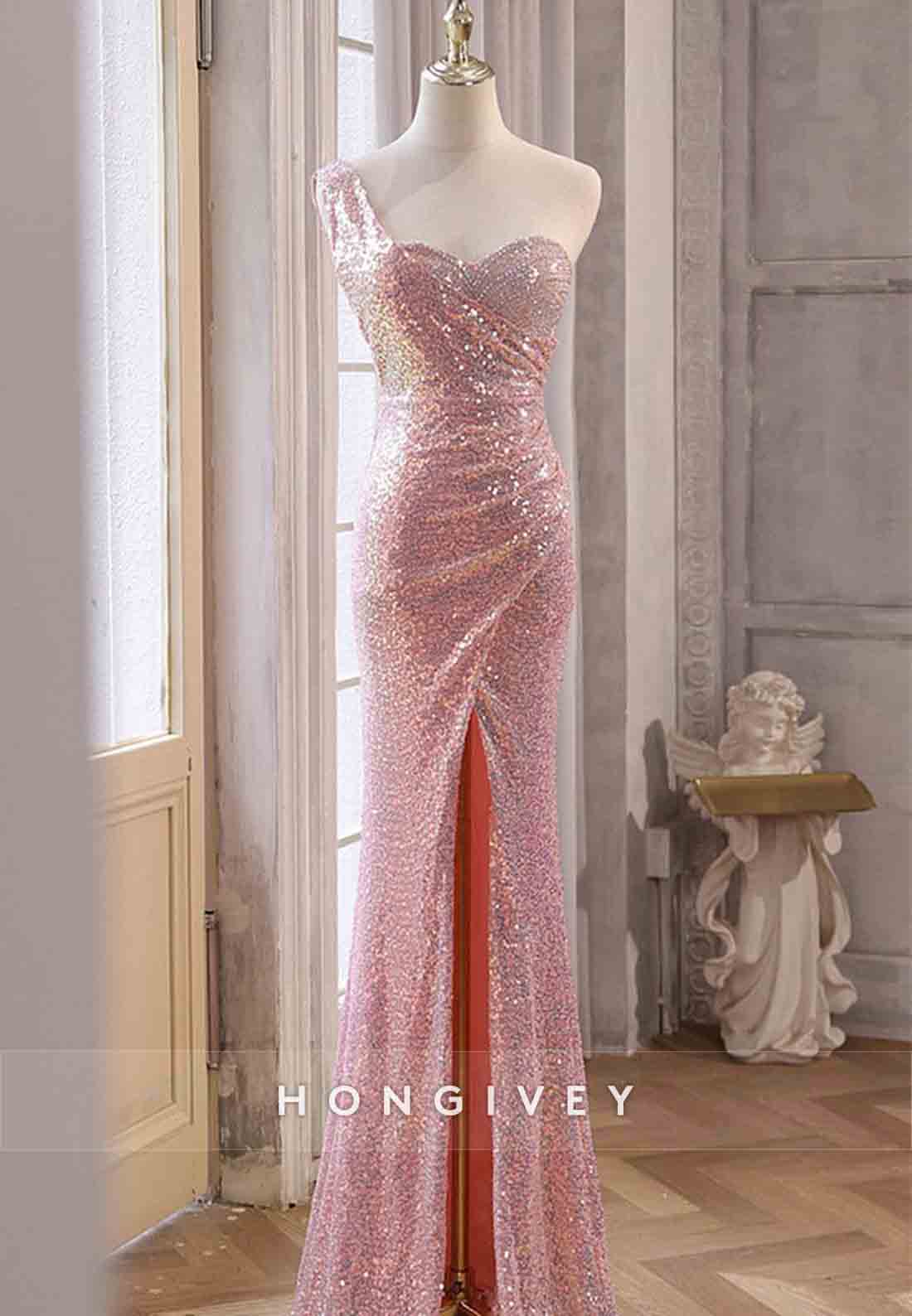 Sparkly Pink One Shoulder Sequined Floor-Length Mermaid Prom Dresses