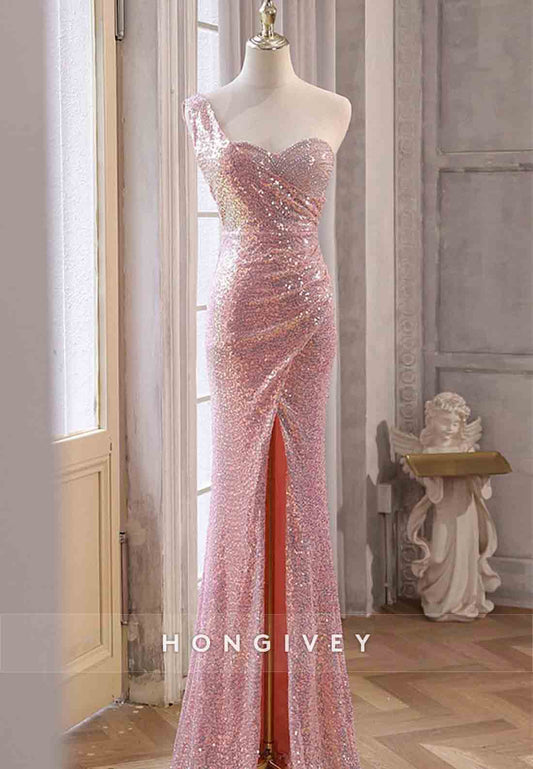 Sparkly Pink One Shoulder Sequined Floor-Length Mermaid Prom Dresses
