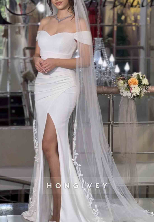 Side Slit Sweetheart Off the Shoulder Pleated Floor-Length Mermaid Wedding Dresses