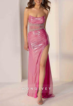 Strapless Floor-Length Side Slit Column Prom Dresses with Ruffles